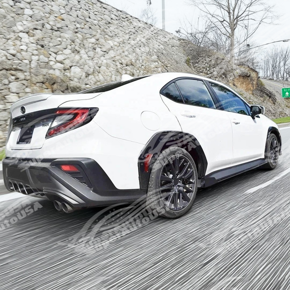 Real carbon fiber rear fender flares installed on a Subaru WRX VB, enhancing its rear wheel arch