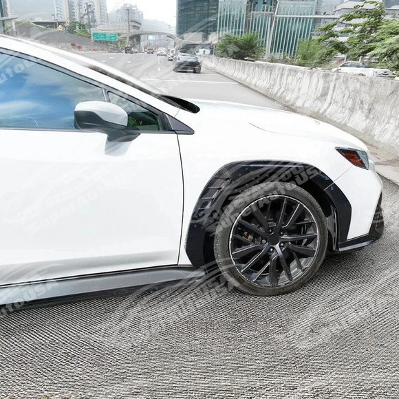 A side profile view of a Subaru WRX VB with the sleek carbon fiber rear fender flares installed