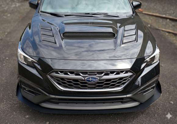 Direct front-facing view of the wide-scoop VS style carbon hood for 2022-2026 WRX