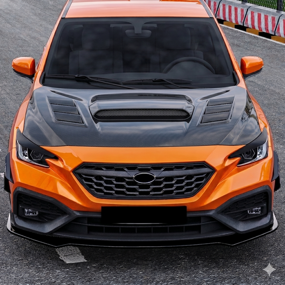 ented carbon fiber VS style hood installed on a Solar Orange Pearl Subaru WRX