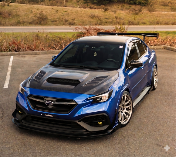 Real 3K twill carbon fiber hood providing sharp contrast on a World Rally Blue WRX VB