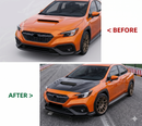 Visual comparison between the factory aluminum hood and the lightweight VS style carbon upgrade
