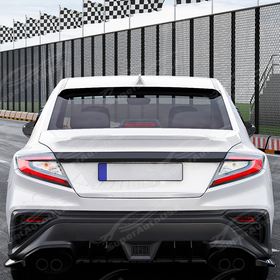 Aggressive carbon print rear window spoiler installed on a 2023 Subaru WRX VB