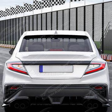 Aggressive carbon print rear window spoiler installed on a 2023 Subaru WRX VB