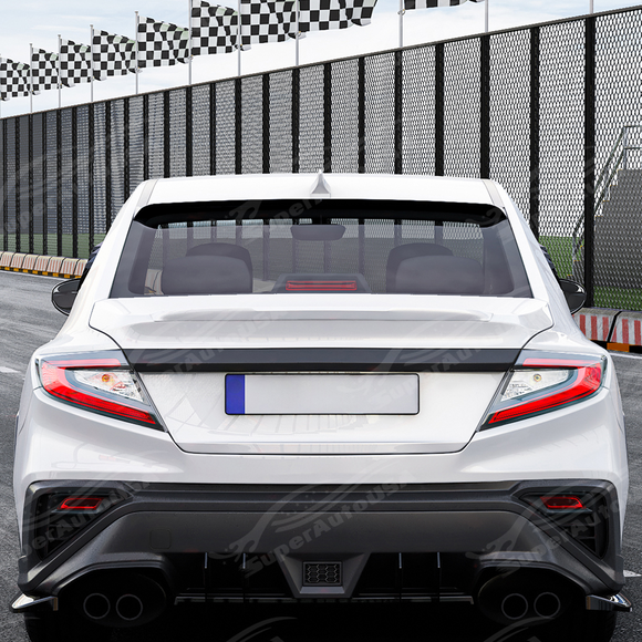 Aggressive carbon print rear window spoiler installed on a 2023 Subaru WRX VB