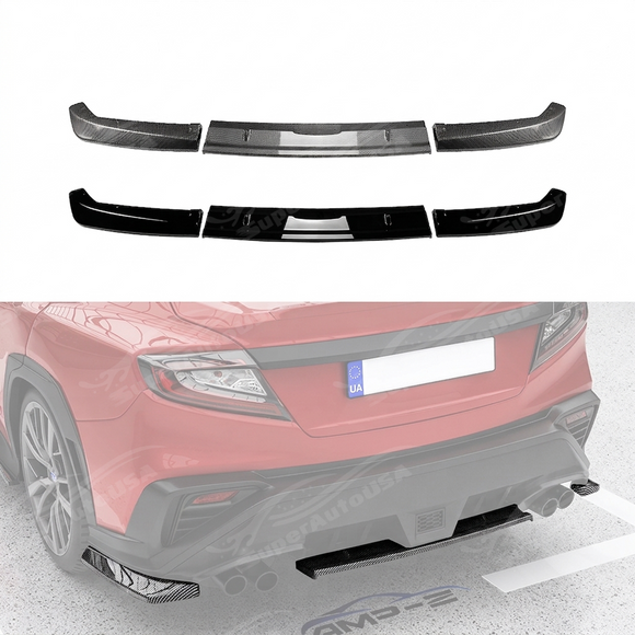 Aggressive carbon print STI style rear diffuser installed on a 2023 Subaru WRX VB