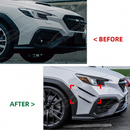The completed high-performance front-end look of a Subaru VB with canards and a front lip