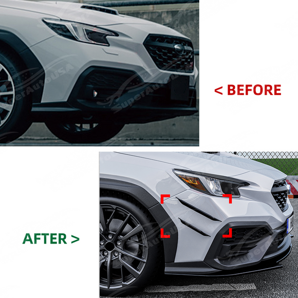 The completed high-performance front-end look of a Subaru VB with canards and a front lip