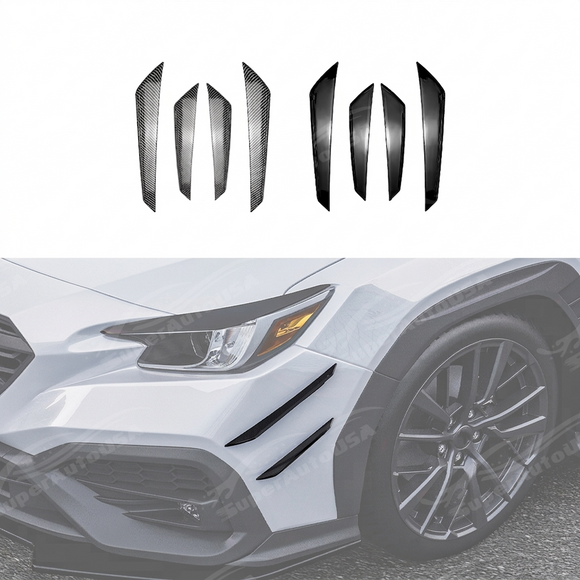 Precision-fit gloss black front bumper canards on a 2022 Subaru WRX VB