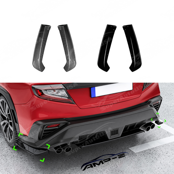 Full rear 3/4 perspective of a Subaru WRX featuring gloss black side spat aprons