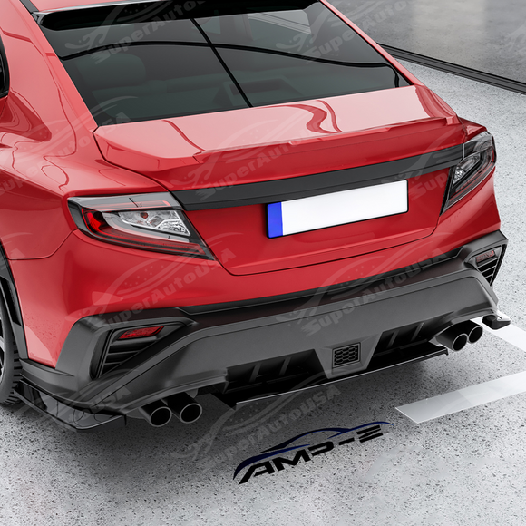 Full rear 3/4 view of a 2024 Subaru WRX featuring the gloss black STI style aero kit