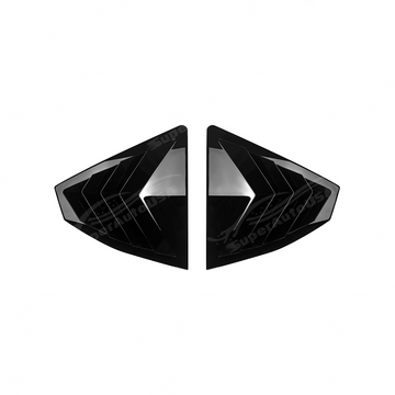 Close-up of the aggressive triple-slat vent design on the VB WRX gloss black louvers