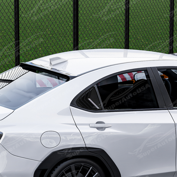 Direct side profile of the gloss black rear quarter window louvers for 2022-2026 Subaru WRX