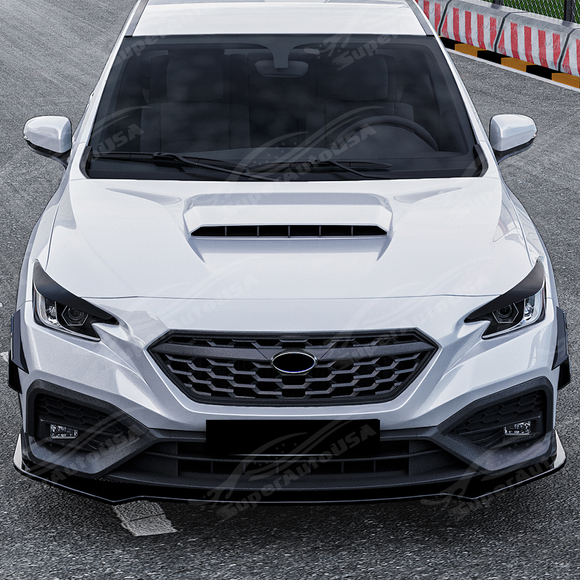 Wide shot of a modified 2024 Subaru WRX featuring headlight eyelids and a front lip splitter