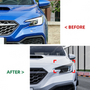Split image comparing the stock VB headlight look vs. the aggressive eyelid-equipped WRX