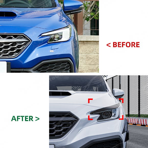 Split image comparing the stock VB headlight look vs. the aggressive eyelid-equipped WRX