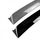 Visual comparison between gloss black and carbon print rear window visors for WRX