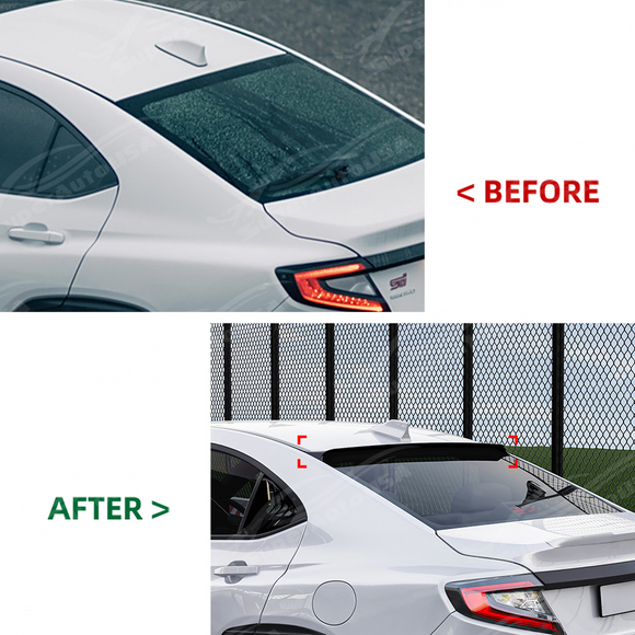 The completed high-performance look of a Subaru VB with a rear window visor and matching trunk spoiler