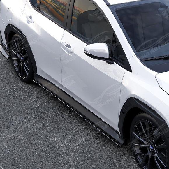 The completed high-performance profile of a Subaru VB with matching side skirts, front lip, and rear spats