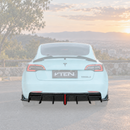 SuperAutoUSA VTEN style gloss black rear diffuser with integrated LED brake light installed on a 2017-2023 Tesla Model 3