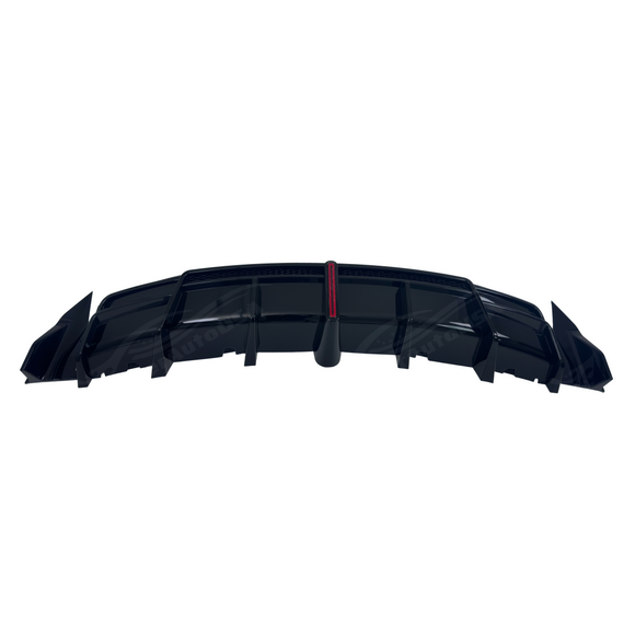 Direct rear perspective highlighting the aggressive vertical aero fins and centered F1-style LED third brake light