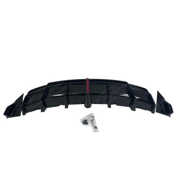 Side-by-side visual comparison between the plain factory Tesla Model 3 lower bumper valance and the aggressive VTEN LED diffuser
