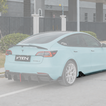 SuperAutoUSA gloss black VTEN style side skirts installed on a 2017-2023 Tesla Model 3