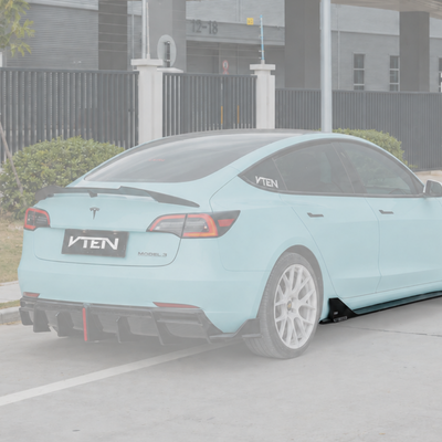 SuperAutoUSA gloss black VTEN style side skirts installed on a 2017-2023 Tesla Model 3