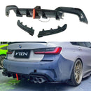 Fits BMW 330i Sedan 2019, 2020, 2021, 2022 rear bumper lip diffuser with LED light by SuperAutoUSA.
