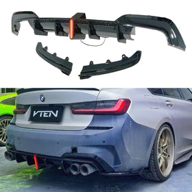 Fits BMW 330i Sedan 2019, 2020, 2021, 2022 rear bumper lip diffuser with LED light by SuperAutoUSA.
