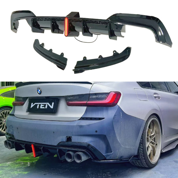 Fits BMW 330i Sedan 2019, 2020, 2021, 2022 rear bumper lip diffuser with LED light by SuperAutoUSA.
