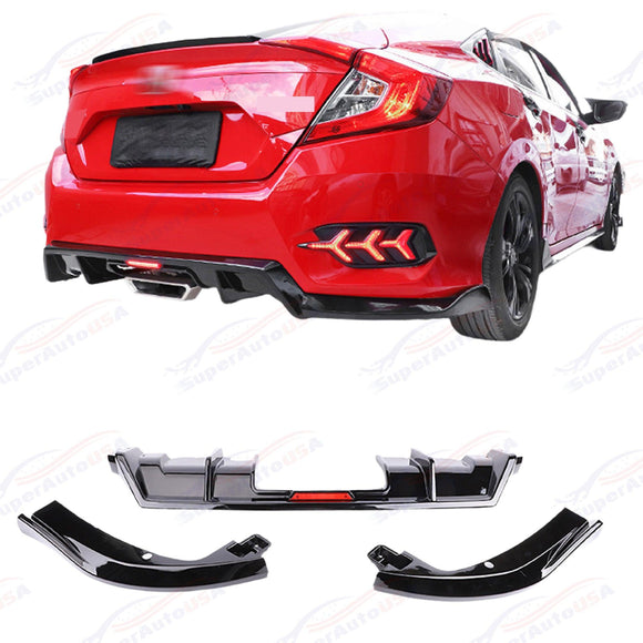 Fits Honda Civic Touring 2016-2021 rear bumper lip diffuser with LED rear corners by SuperAutoUSA.
