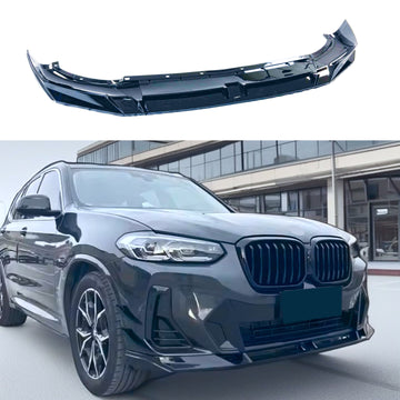 Fits BMW X3 G01 LCI 2022, 2023, 2024 front bumper lower lip spoiler in gloss black by SuperAutoUSA.
