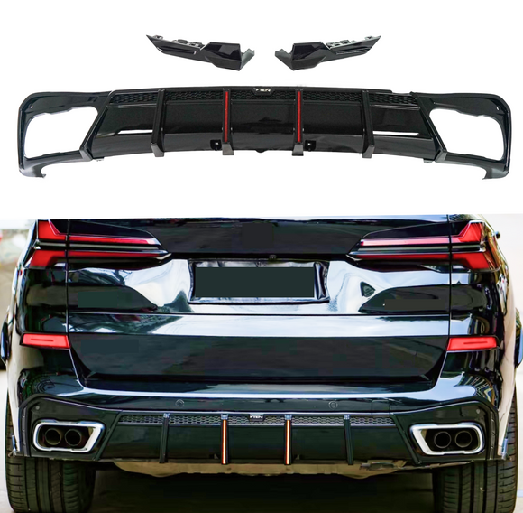 2020 BMW X5 G05 rear diffuser with LED brake light & corner splitters by SuperAutoUSA.
