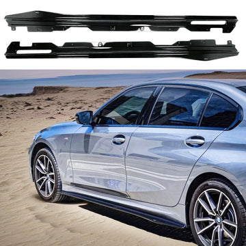 Fits BMW 330i Sedan 2019, 2020, 2021, 2022, 2023, 2024, 2025 gloss black side skirt under spoiler by SuperAutoUSA.
