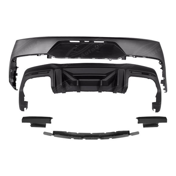 Competition style matte black rear primed bumper for Ford Mustang EcoBoost Coupe 2-Door 2024, 2025 by SuperAutoUSA.
