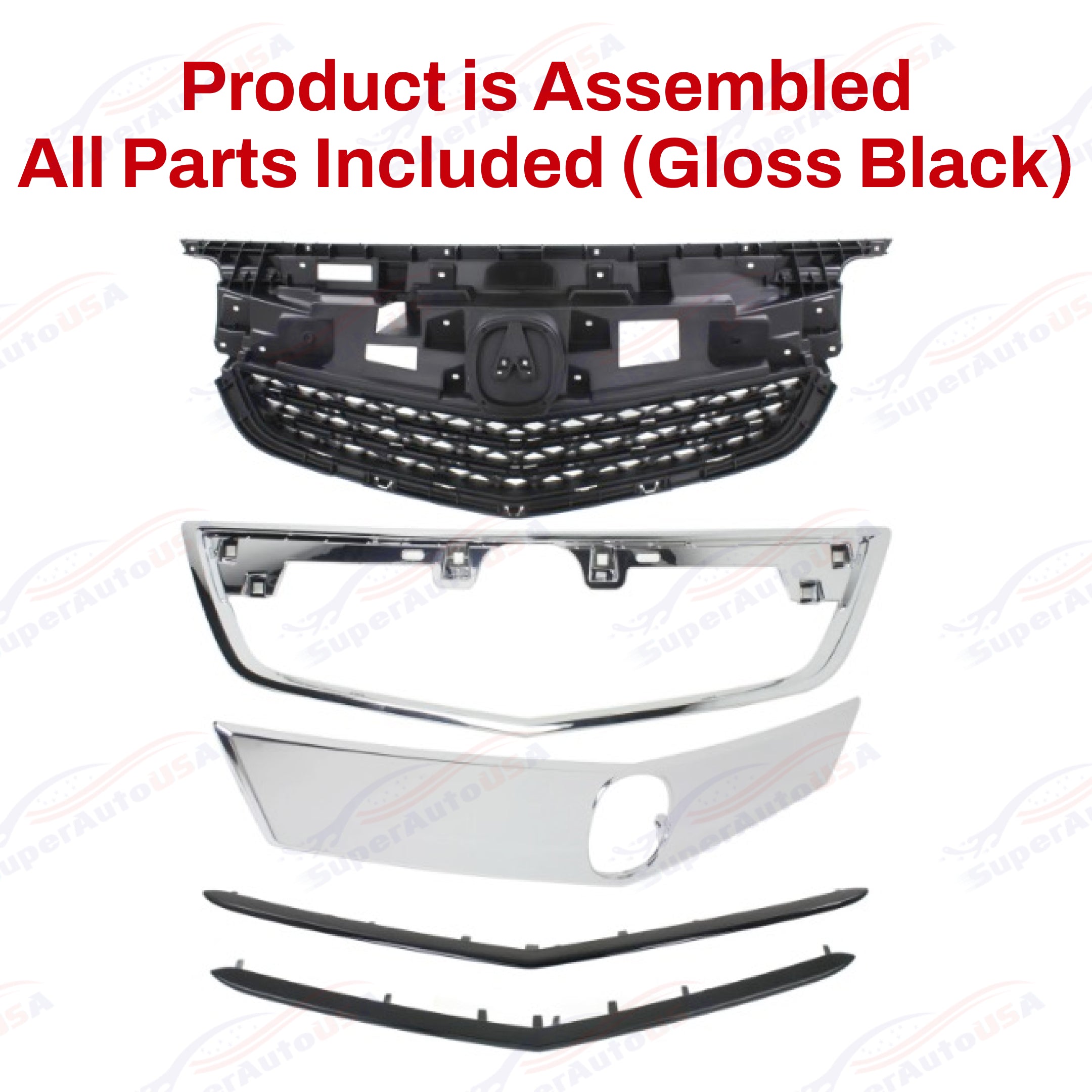 Fits Acura TL 2012-2014 Gloss Black Front Upper Grill/ Grille Assembly Whole Kit-4