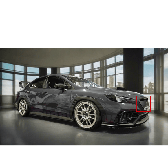 Detailed perspective of the 2022-24 Subaru WRX STI's car front grill, showcasing the impact of carbon fiber on sporty car aesthetics