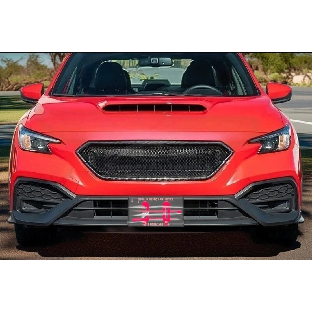 Close-up of the sporty style car grille on the 2022-24 Subaru WRX STI, highlighting the sleek carbon fiber material