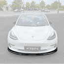 SuperAutoUSA VTEN style 1-piece gloss black front bumper lip splitter installed on a 2017-2023 Tesla Model 3