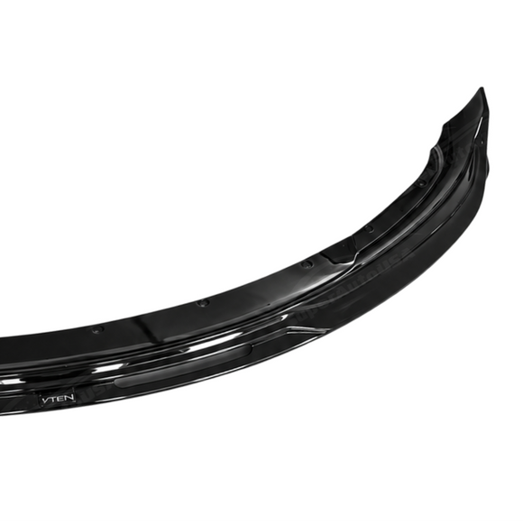 Detailed close-up of the mirror-finish gloss black clear coat on the SuperAutoUSA 1-piece front lip splitter