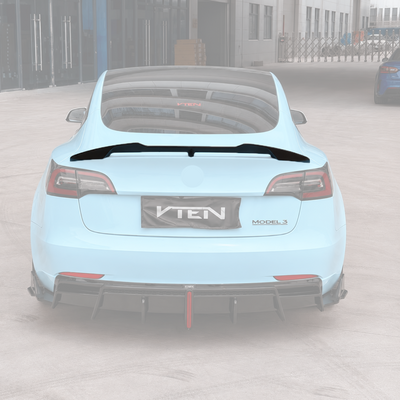 SuperAutoUSA VTEN style gloss black rear trunk spoiler installed on a Tesla Model 3 sedan