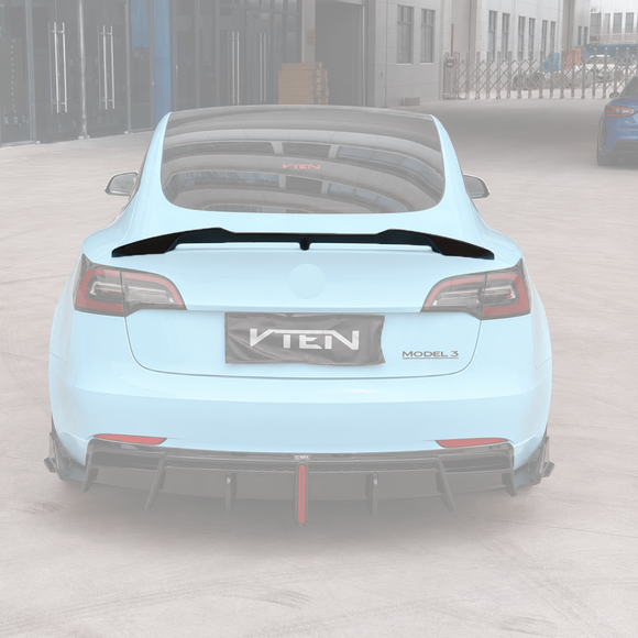 SuperAutoUSA VTEN style gloss black rear trunk spoiler installed on a Tesla Model 3 sedan