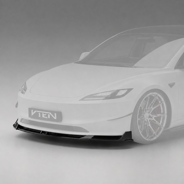 SuperAutoUSA VTEN style 1-piece gloss black front bumper lip splitter installed on a 2024-2026 Tesla Model 3 Highland