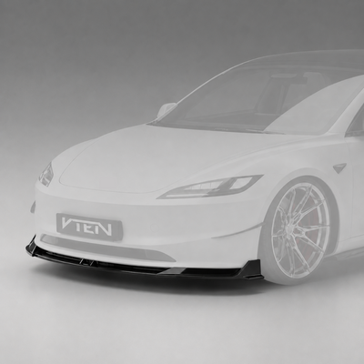 SuperAutoUSA VTEN style 1-piece gloss black front bumper lip splitter installed on a 2024-2026 Tesla Model 3 Highland