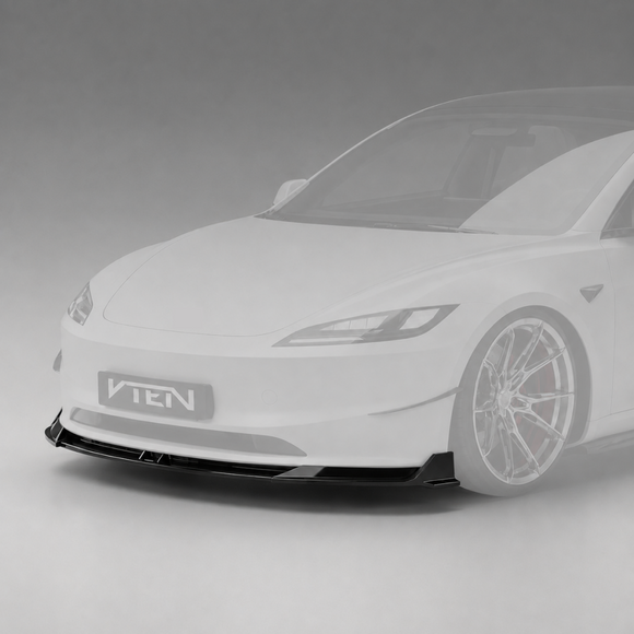 SuperAutoUSA VTEN style 1-piece gloss black front bumper lip splitter installed on a 2024-2026 Tesla Model 3 Highland