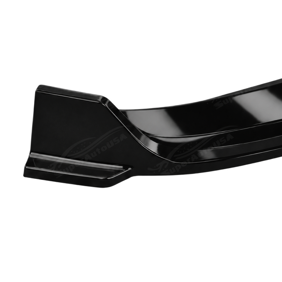 Detailed close-up of the mirror-finish gloss black clear coat on the SuperAutoUSA 1-piece front lip splitter