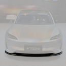SuperAutoUSA VTEN style 3-piece gloss black front bumper lip splitter installed on a 2024-2026 Tesla Model 3 Highland
