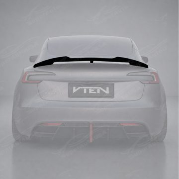 SuperAutoUSA VTEN style gloss black rear trunk spoiler installed on a 2024-2026 Tesla Model 3 Highland