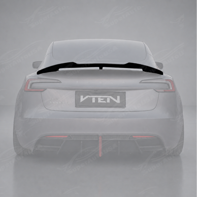 SuperAutoUSA VTEN style gloss black rear trunk spoiler installed on a 2024-2026 Tesla Model 3 Highland